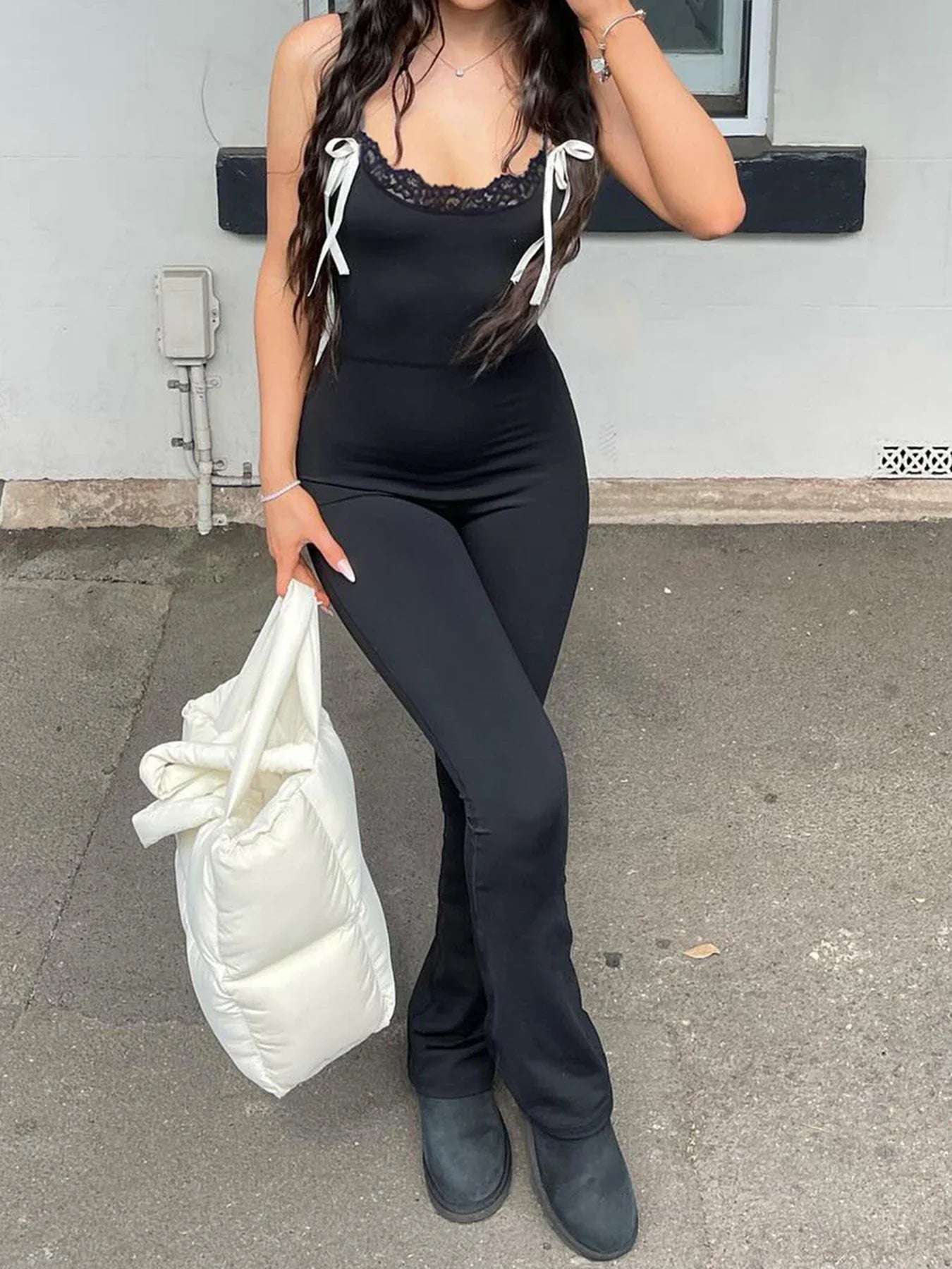 Black Sleeveless Skinny Flared Jumpsuit for Women with Lace Trim and Tie Bow Detail Cute Sweet Slip Romper