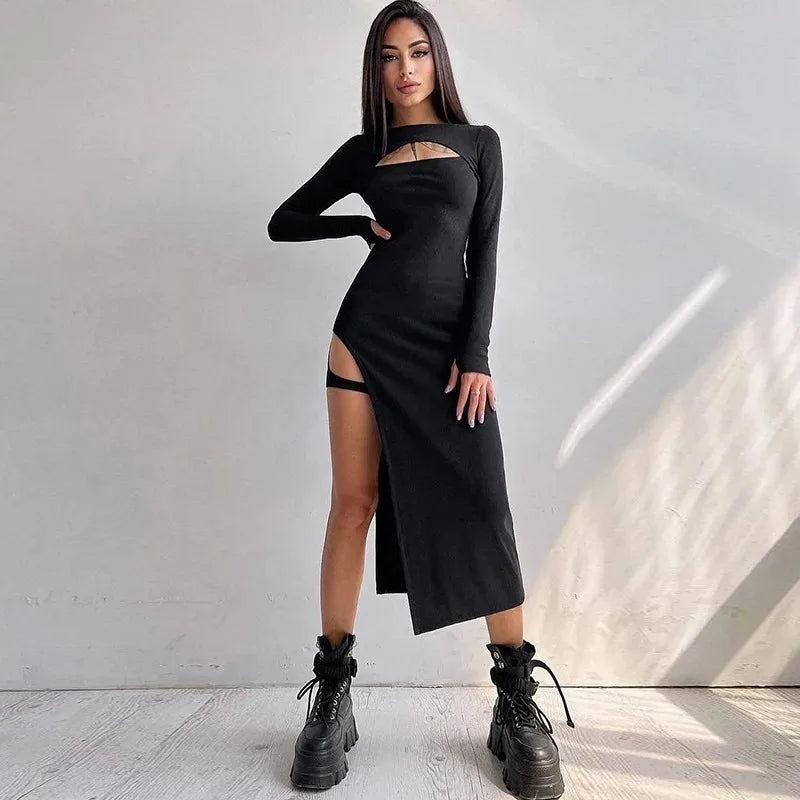 Black Long Sleeve Bodycon Maxi Dress For Party Nights
