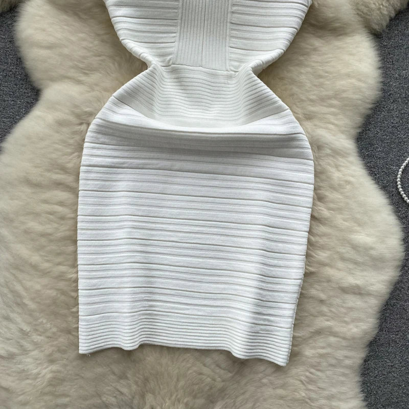 White Knit Tank Dress V Neck Sleeveless Bodycon Wrap Dress