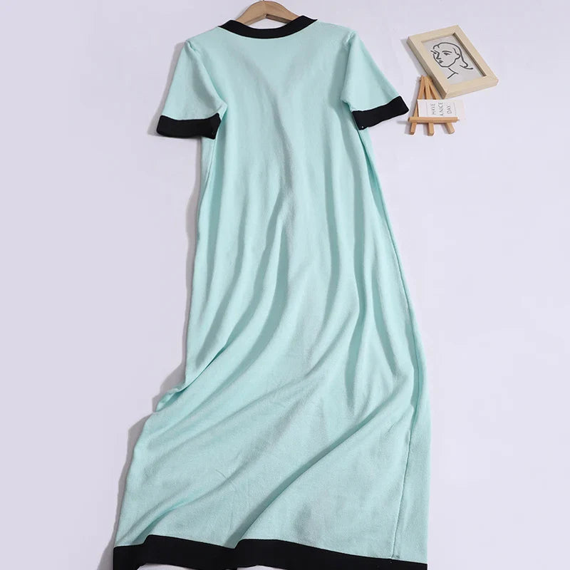 Women Knit V Neck Patchwork Pocket Dress Mid Length Summer