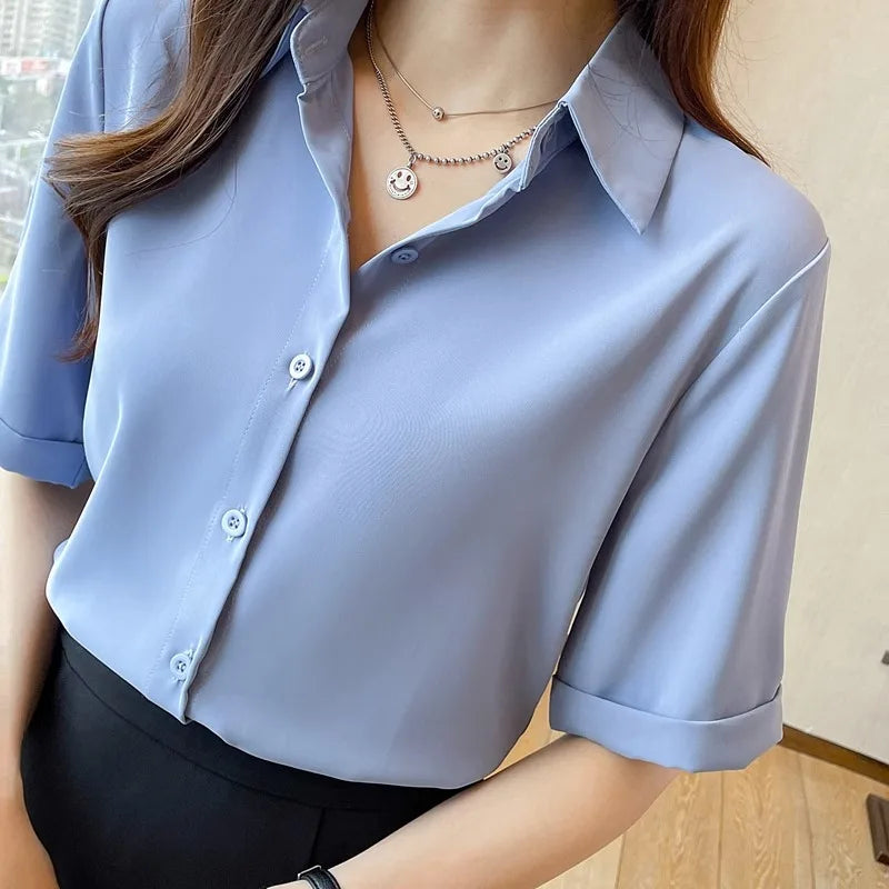 Women's Summer Short Sleeve V-Neck Chiffon Blouse Loose Fit Casual Office Pullover Shirt