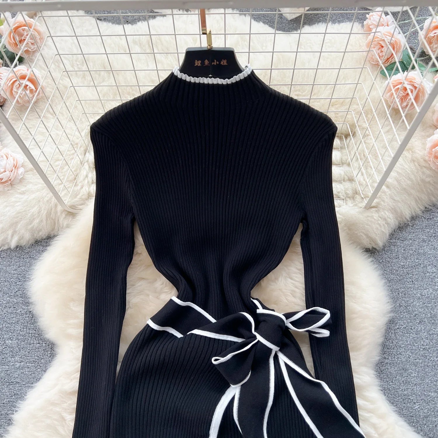Black Knitted Sweater Dress With Lace Up Long Sleeve