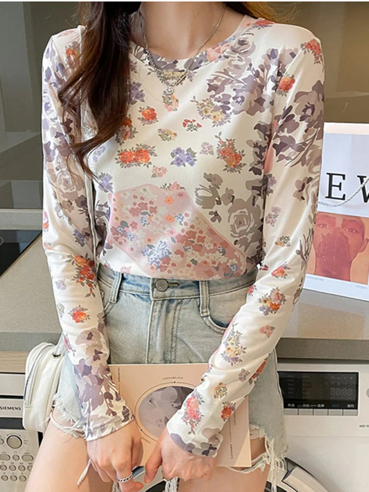 Women's Sexy See-Through Mesh Blouse Long Sleeve Transparent Elegant Printed Shirt Fashion Top