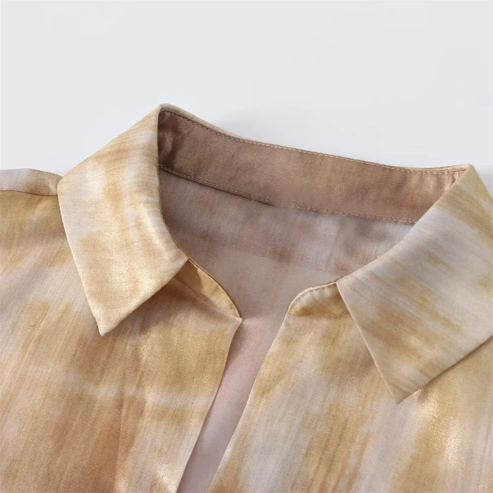 Casual Women's Long Sleeve Collar Shirt with Metal Foil Tie Dye Print Slimming Fashion Top