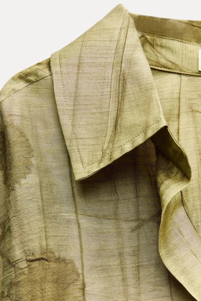 Jacquard Shirt Pants Suit for Women with Lapel Half Sleeve and Pockets, Wide Leg Pant Set for Summer Streetwear