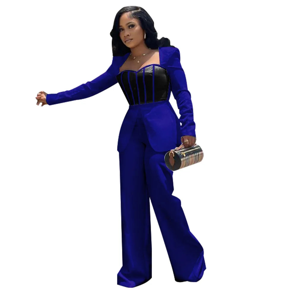 Women Long Sleeve Patchwork Romper Jumpsuit with Waist Cincher Wide-Leg Pants Elegant Office and Party Playsuit