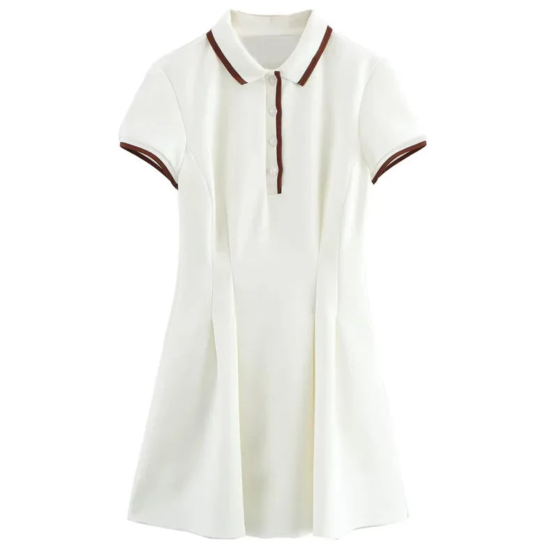 White Pleated Polo Shirt Dress With Short Sleeves Casual