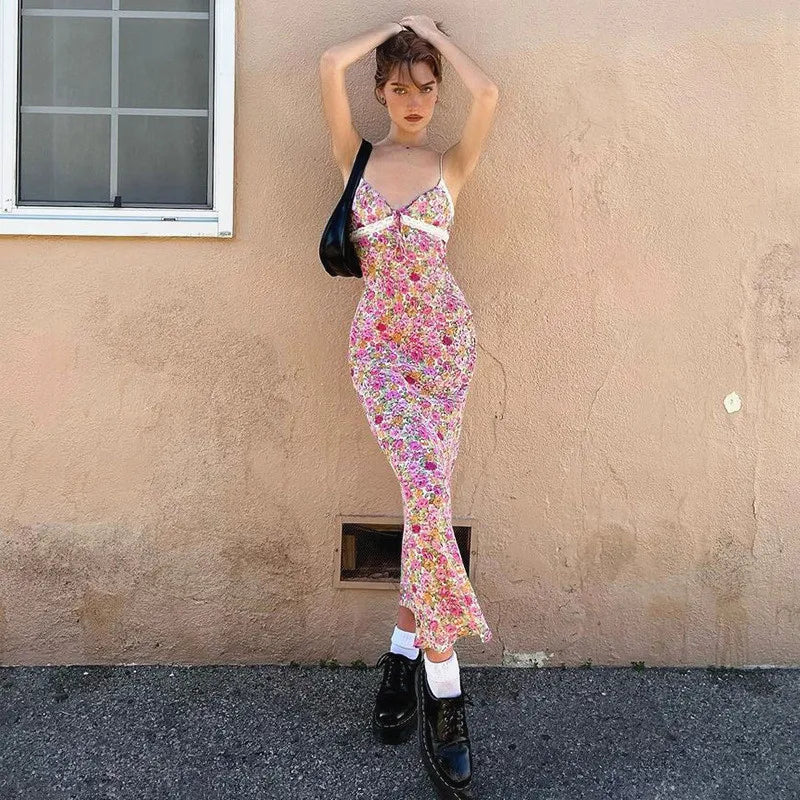 Floral Spaghetti Strap Sleeveless Dress For Women Slim Fit