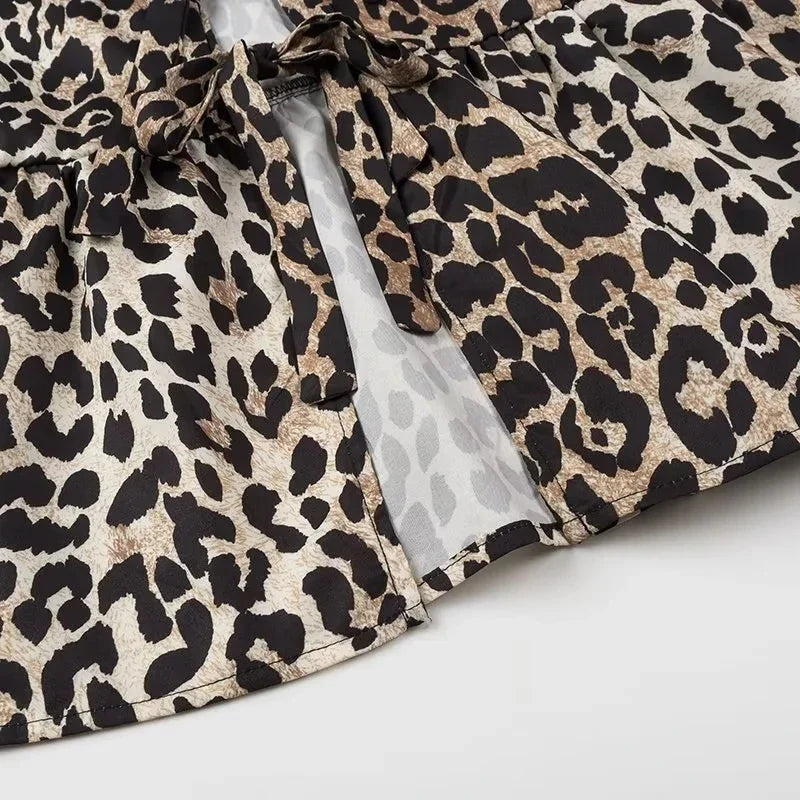 Women's Leopard Print Lace-Up Vintage Blouse Casual Loose Fit Y2K Chic Shirt