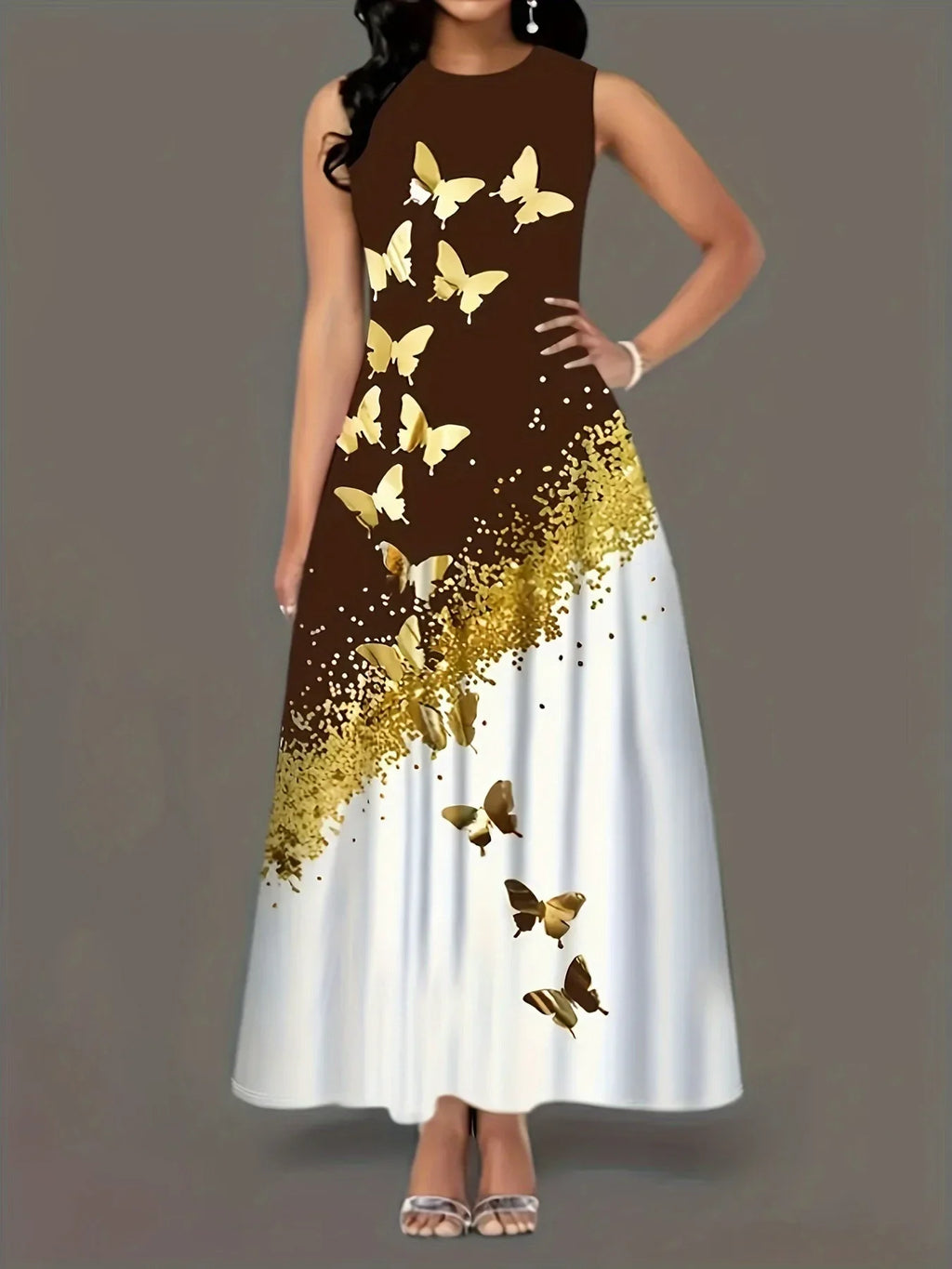 Butterfly Print A Line Summer Dress Front Pockets Style