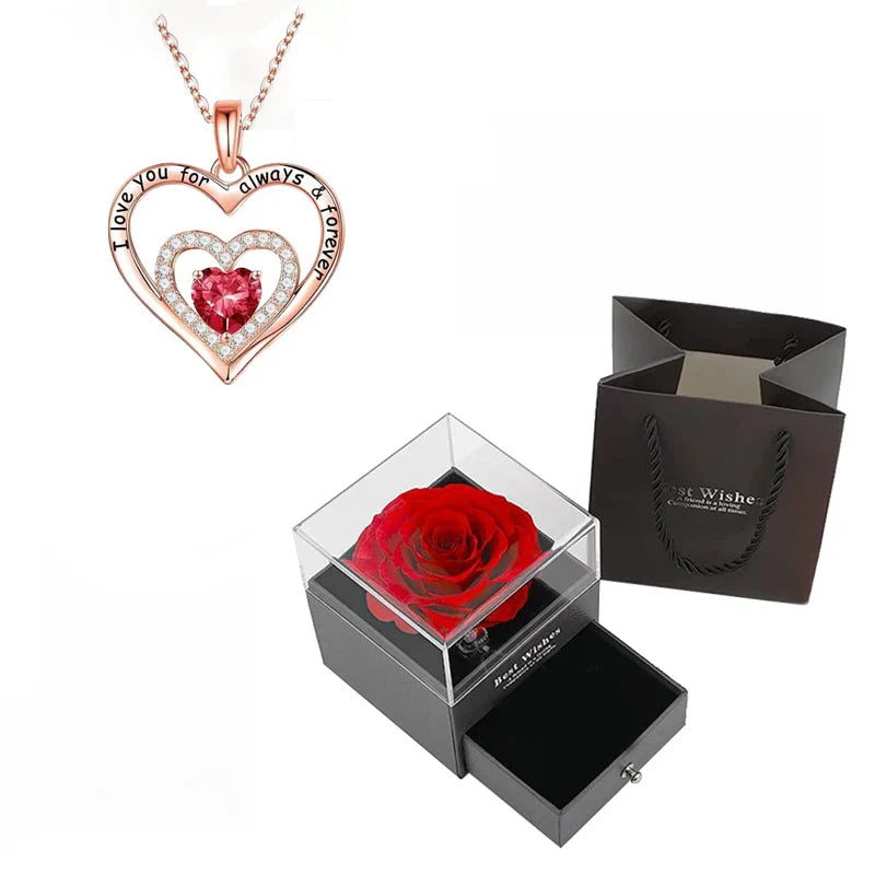 Luxury Red Zircon Pendant Necklace with Rose Flower Gift Box for Girlfriend Romantic Jewelry Gift