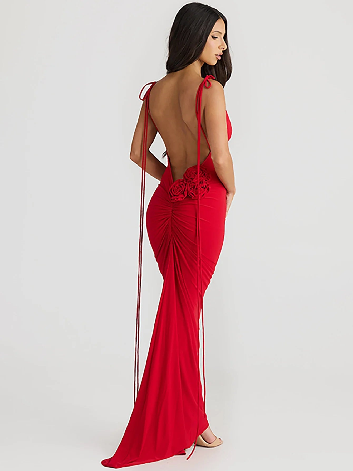 Backless Maxi Dress With Lace Up Spaghetti Straps Evening