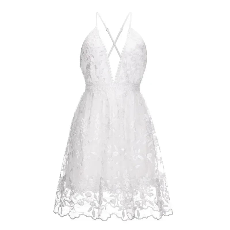 Backless White Dress V Neck Sleeveless Lace Beach Dress