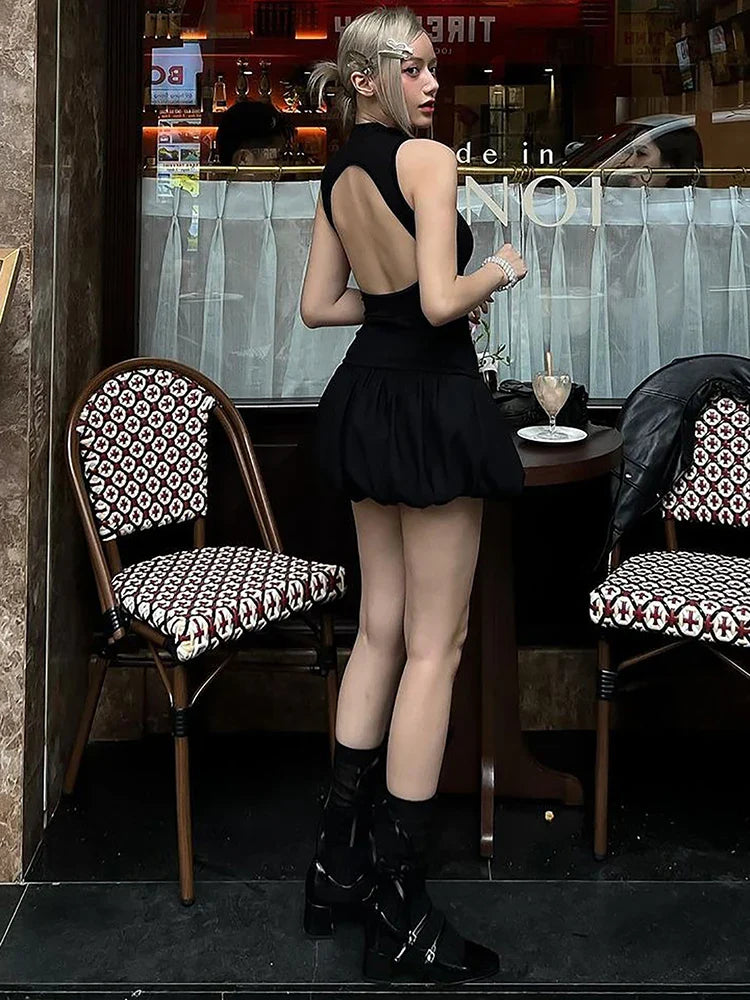 Ribbed Sleeveless Patchwork Bubble Backless Minidress