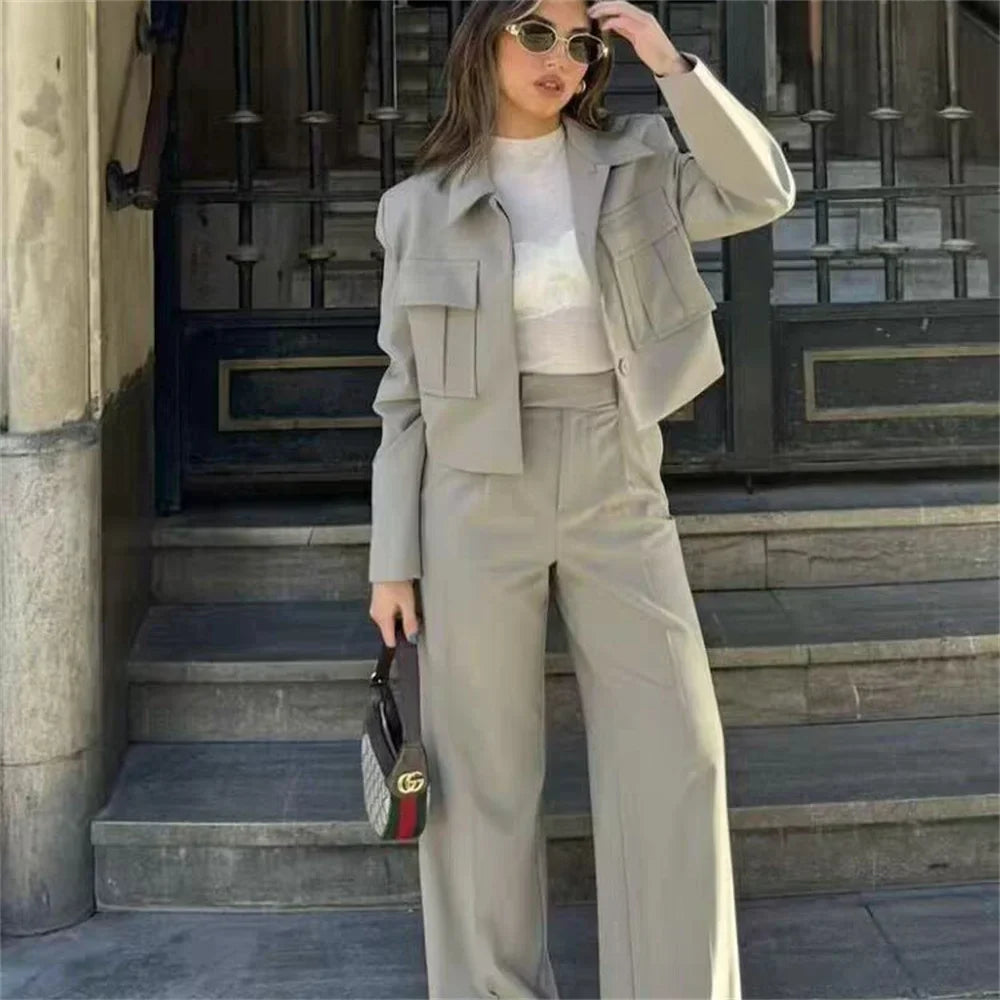 Women's Fashion Casual Double Pocket Coat and High Waist Wide Leg Pants Set