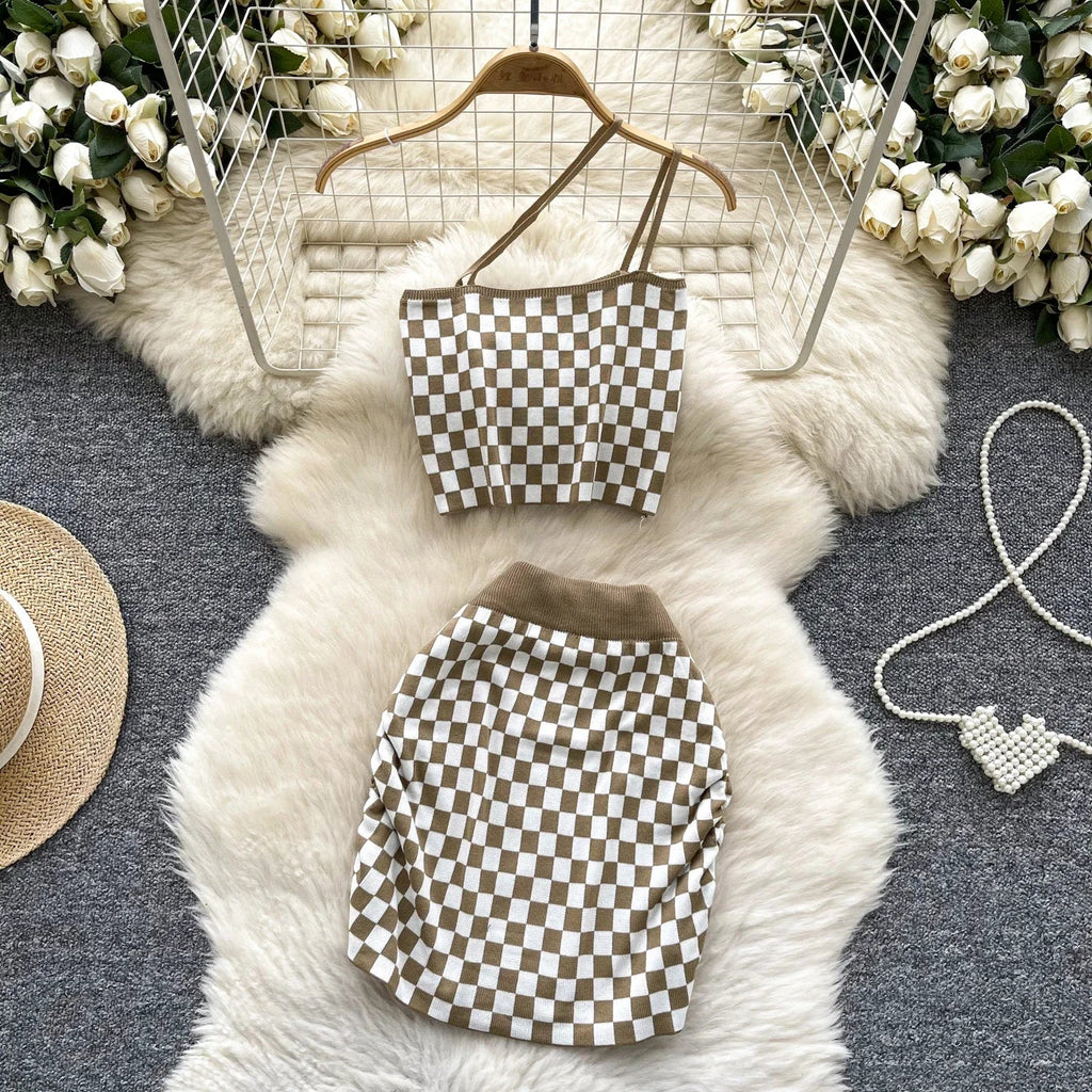 Women's Plaid Strapless Mini Top and High Waist Bodycon Skirt Set Casual Knitted Two-Piece Outfit
