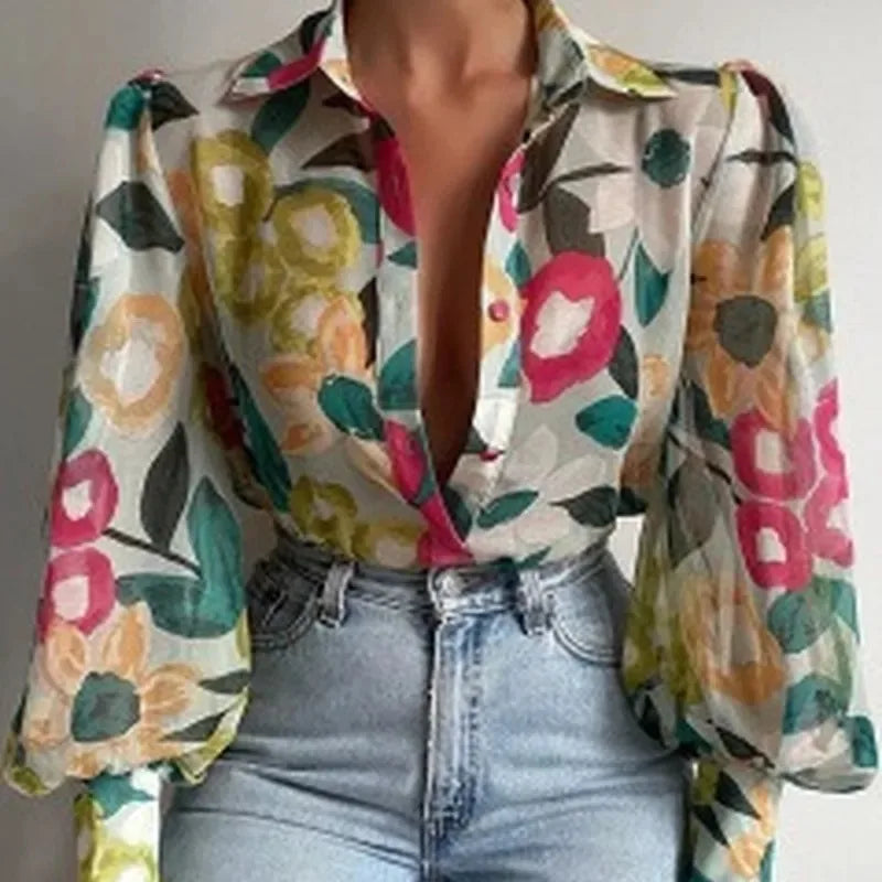 Charming Fashion Lapel Lantern Sleeve Blouse Vintage Floral Print Button Up Long Sleeve Shirt for Office and Casual Wear