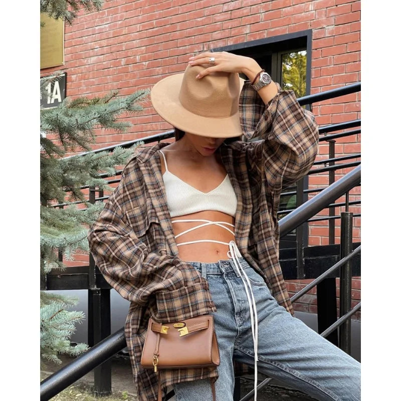 Vintage Plaid Oversized Loose Long Sleeve Blouse Casual Khaki Shirt for Women