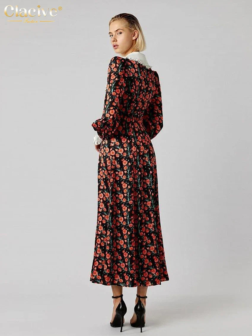 Office Midi Dress With Doll Collar Long Sleeves Elegant