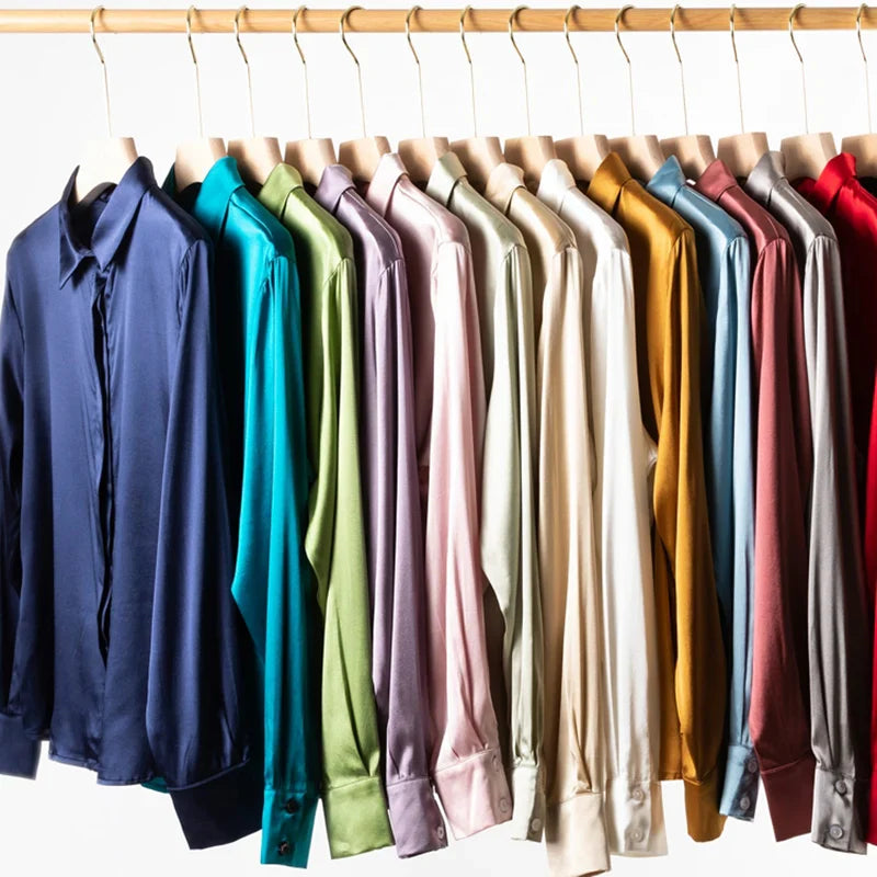 Women Satin Silk Shirt 93% Mulberry Silk 7% Spandex 19 Momme Classic Long Sleeve Blouse Solid Color Office Top for Women M L XL XXL