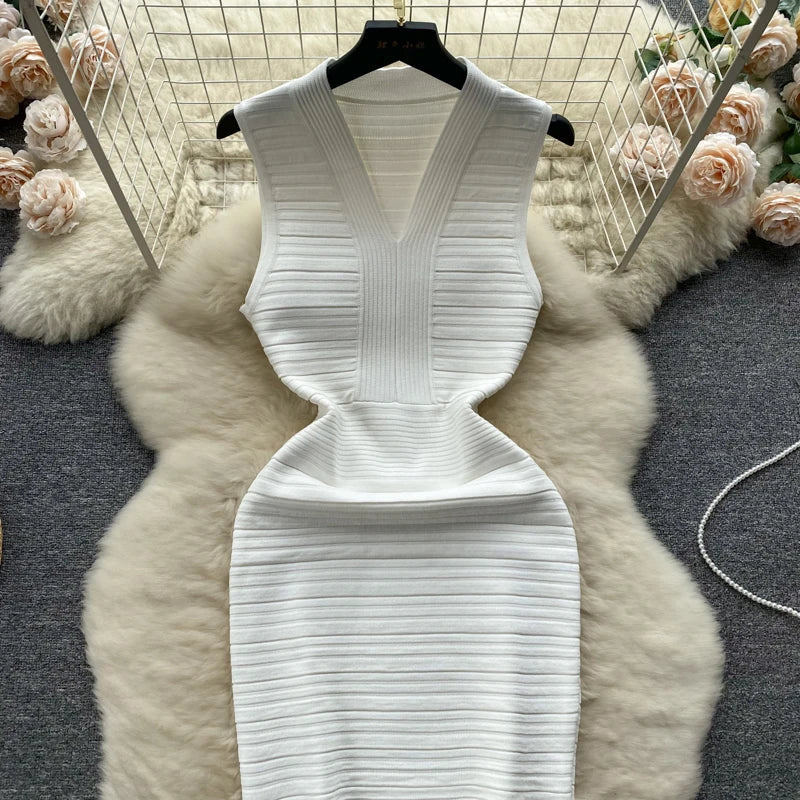 White Knit Tank Dress V Neck Sleeveless Bodycon Wrap Dress