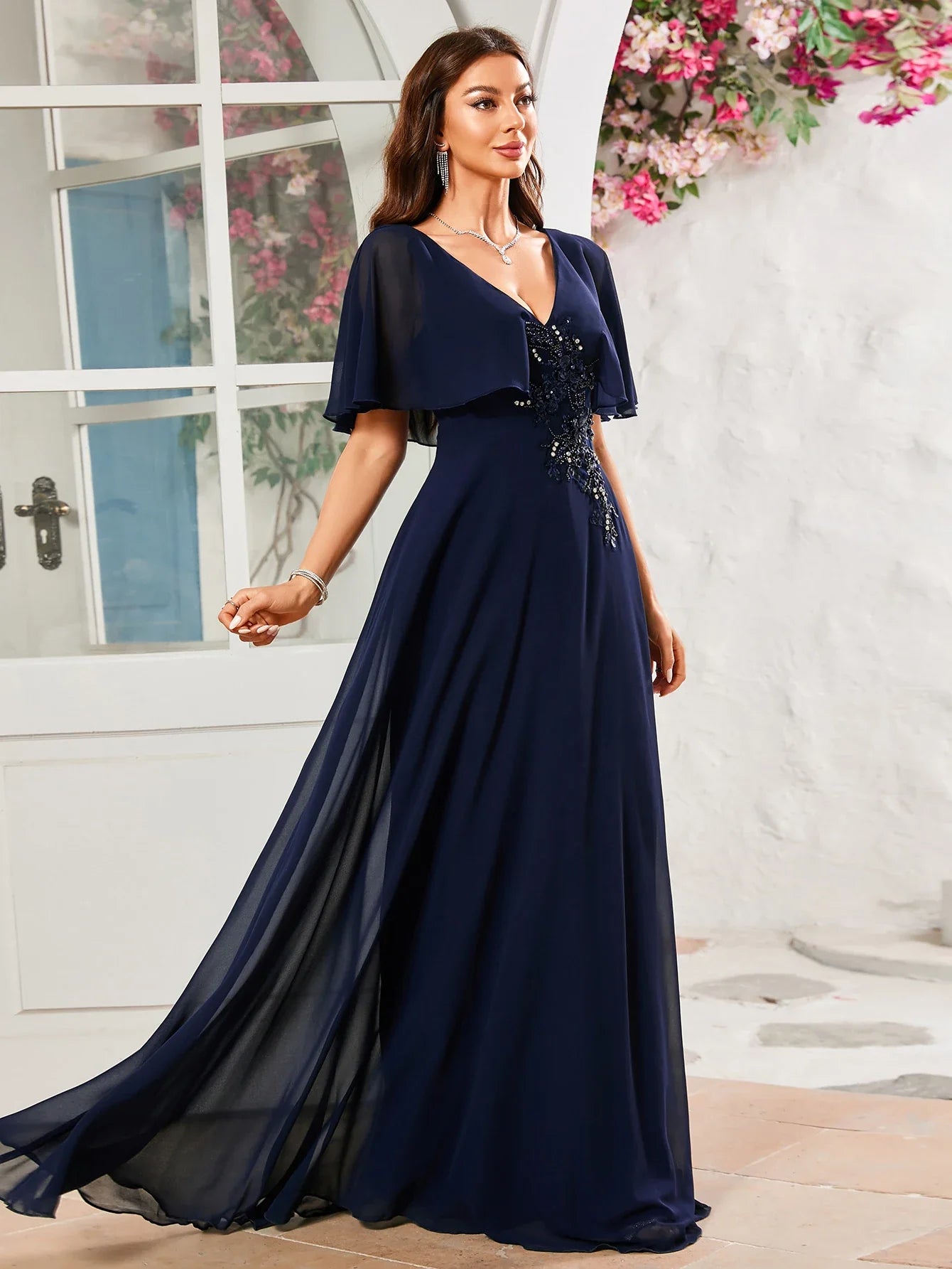 Flounce Sleeve V Neck Beaded Chiffon Bridesmaid Dress