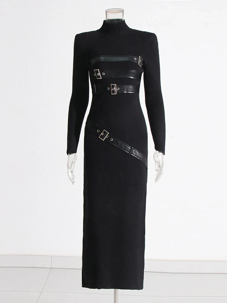 Spliced Belt A Line Dress For Women Stand Collar Sleeve