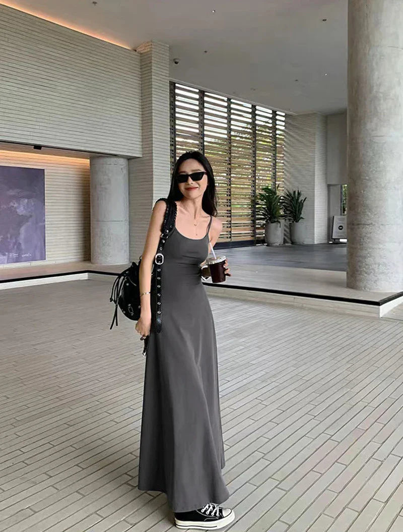 Y2K Black Strap Long Dress Sleeveless Bodycon Sundress