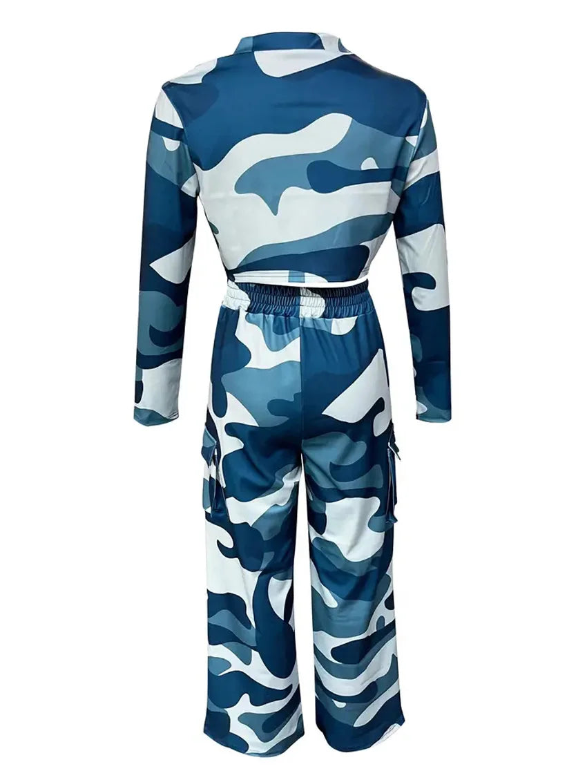 Camo Print Cargo Pants Set with Sexy Crop Top and High Waist Wide Leg Trousers for Women