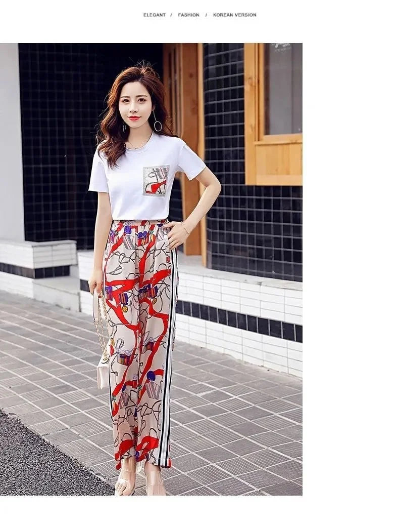 Women's Plus Size Two Piece Suit Set with Short Sleeve Tops and Wide Leg Pants for Casual Summer Fashion