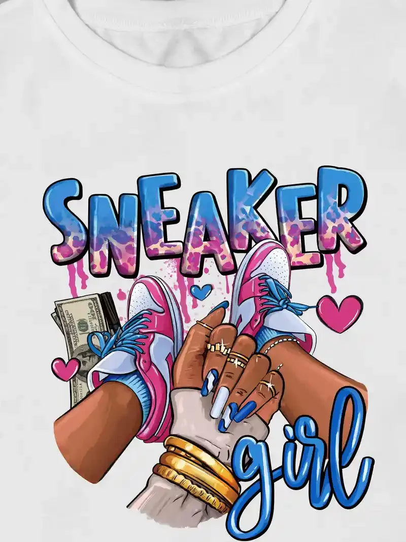 Sneaker Girl Graphic Print Casual T-Shirt for Women Short Sleeve Crew Neck Kawaii Tee