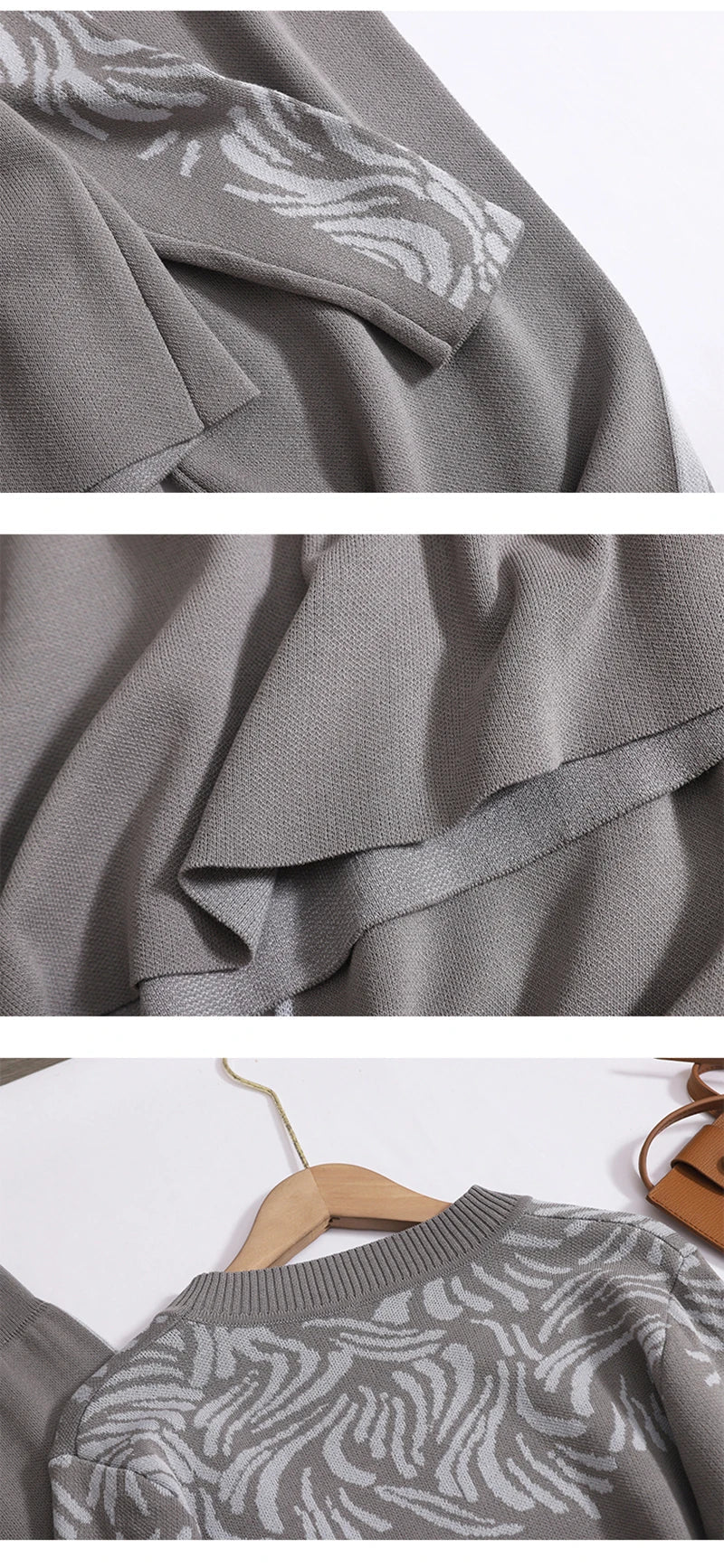 Women Casual Printed Two-Piece Knit Pullover and High Waist Wide Leg Pants Office Suit