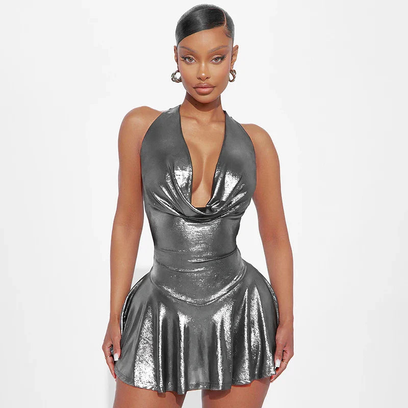 Metallic V Neck Backless Pleated Mini Dress For Women