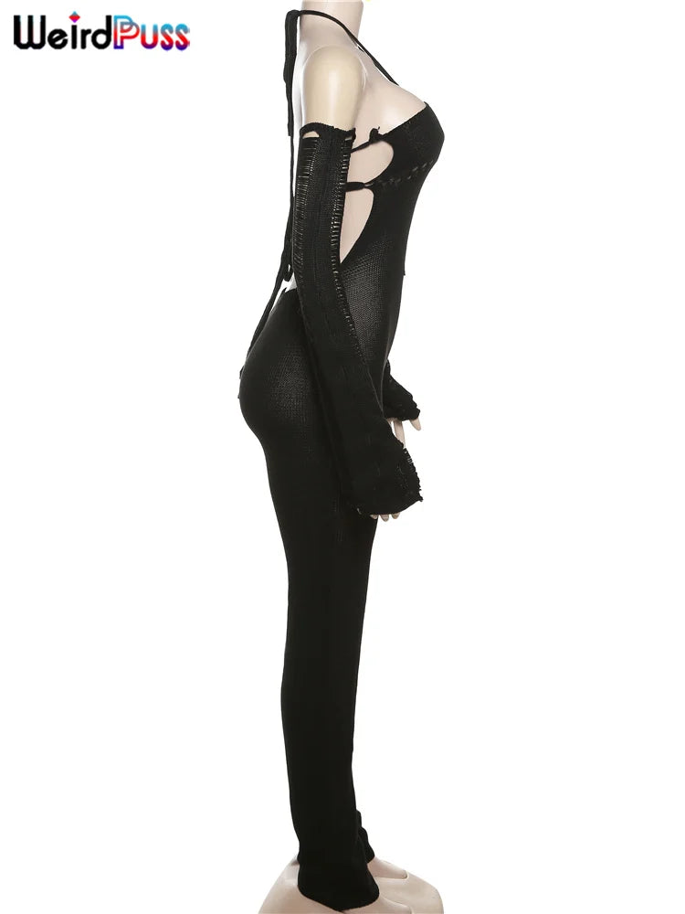 Weird Puss Bandage Knit Halter Jumpsuit with Gloves Women Stretch Sexy Backless Hollow Skinny Street Style Stacked Workout Overalls