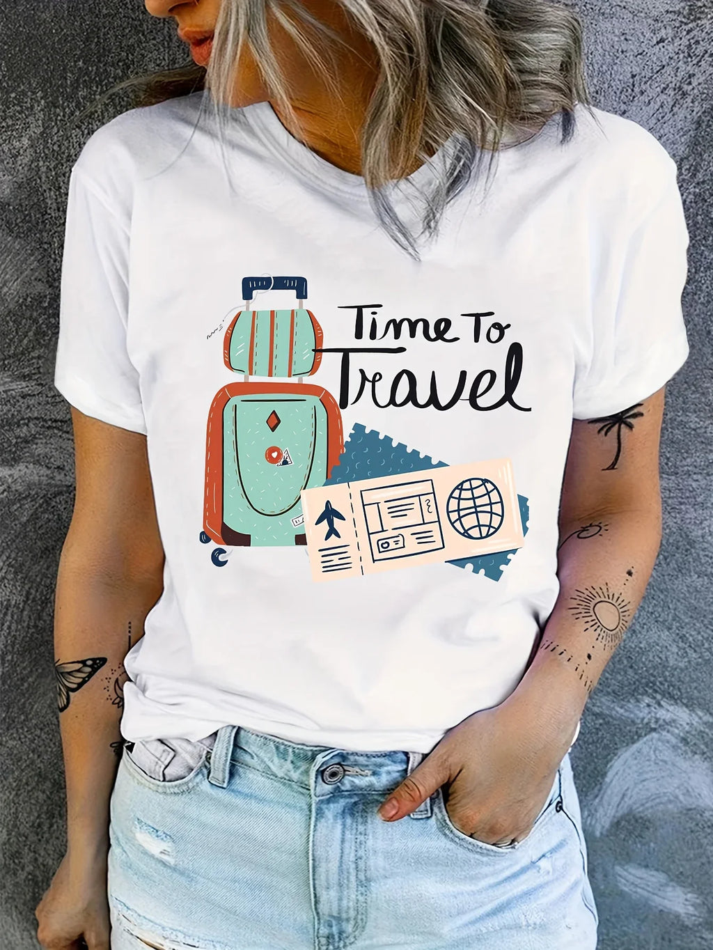 Travel Pattern Printed Women's T-Shirt Casual Round Neck Short Sleeve Top