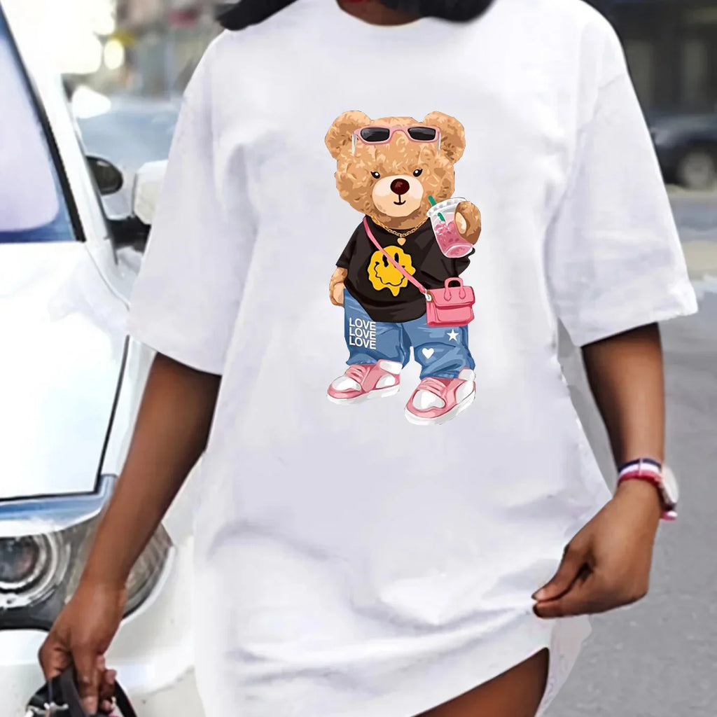 Women's Summer Bear Print T Shirt Dress Oversized Round Neck