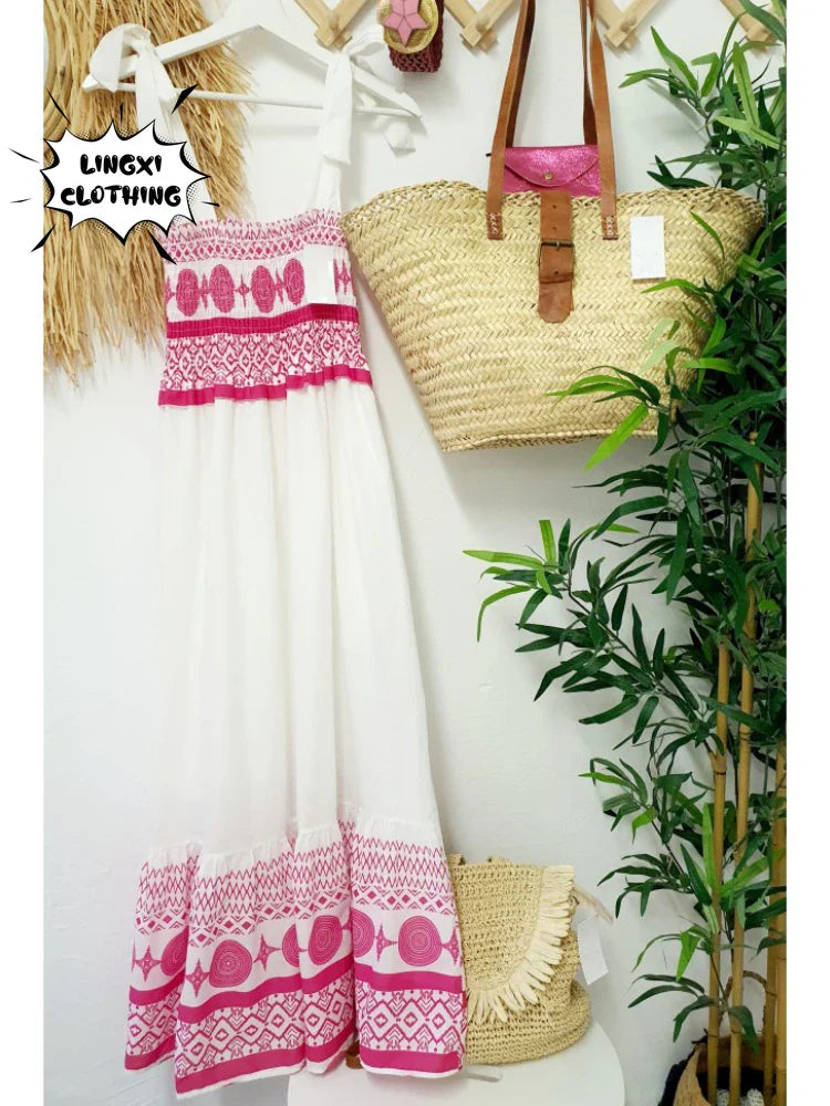 Bohemian Lace Up Maxi Dress Print for Beach Resort Wear