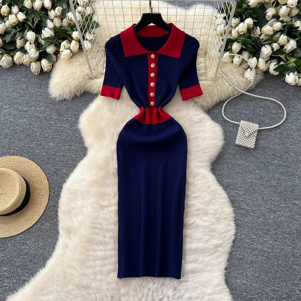 Patchwork Knitted Polo Collar Dress For Women Spring Summer