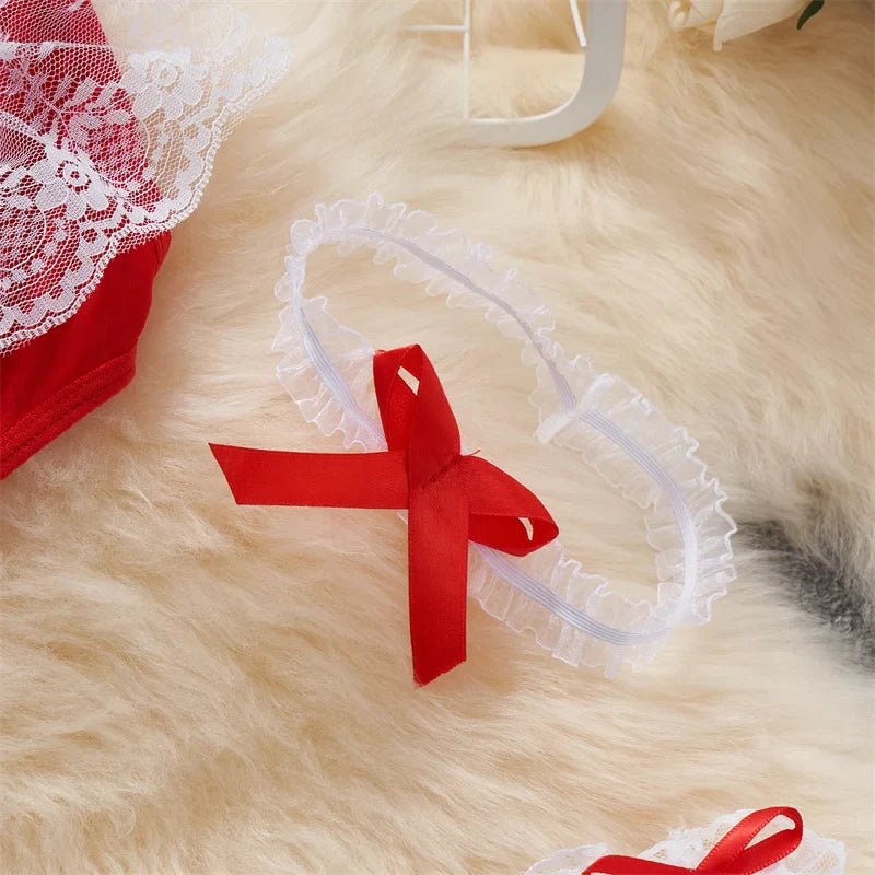 Sexy Lace-Up Lingerie Bodysuit Set with Mini Skirt Backless Patchwork Lace Edge Hollow Cosplay Maid Uniform