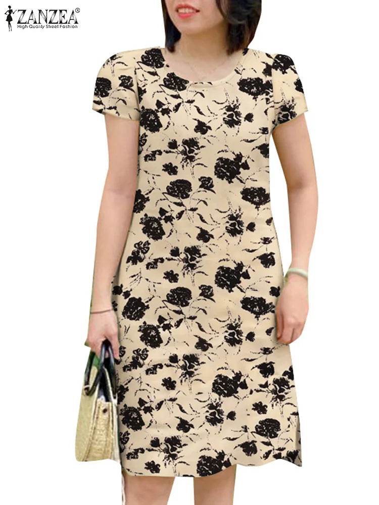 Bohemian Floral Sundress For Women Knee Length Short Sleeve