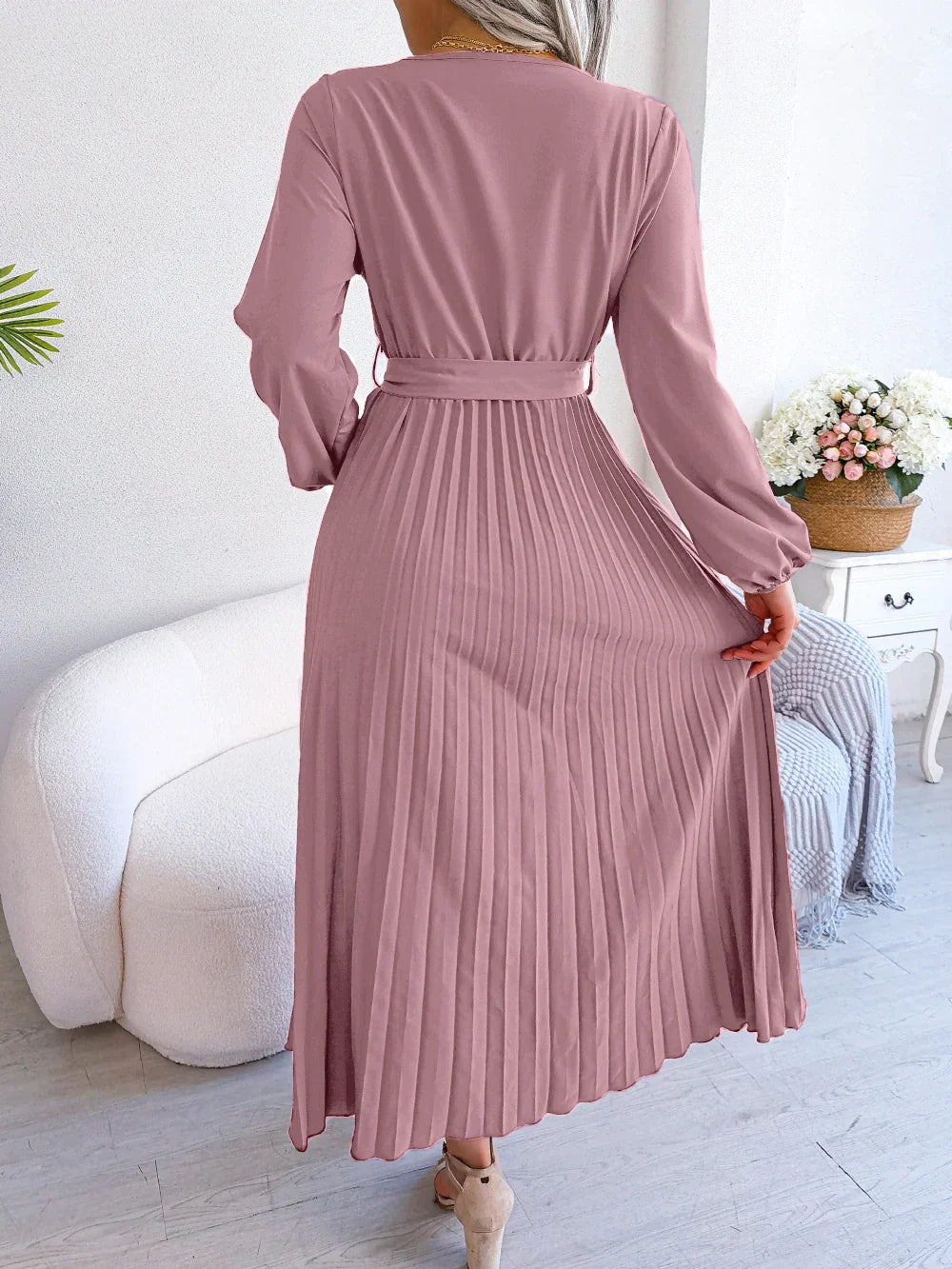 Elegant Surplice Neck Pleated Maxi Dress With Belt Flair
