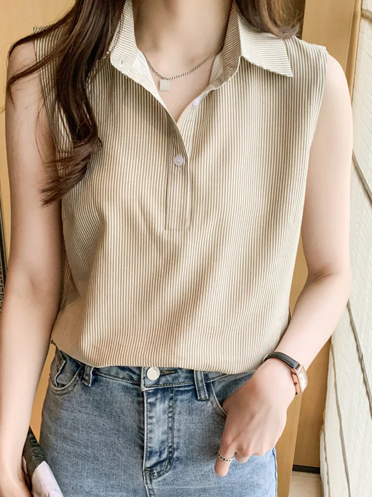Sleeveless Casual Striped Blouse for Women Lightweight Office Blouse Basic Summer Top with Comfortable Fit
