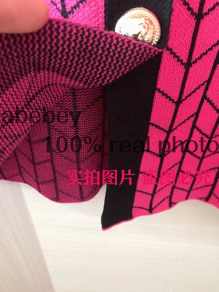 Autumn Plaid Knit Dress Women V Neck Elastic Waist Midi