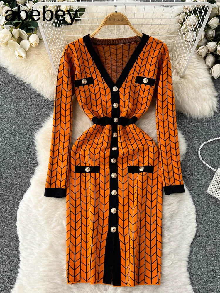 Autumn Plaid Knit Dress Women V Neck Elastic Waist Midi