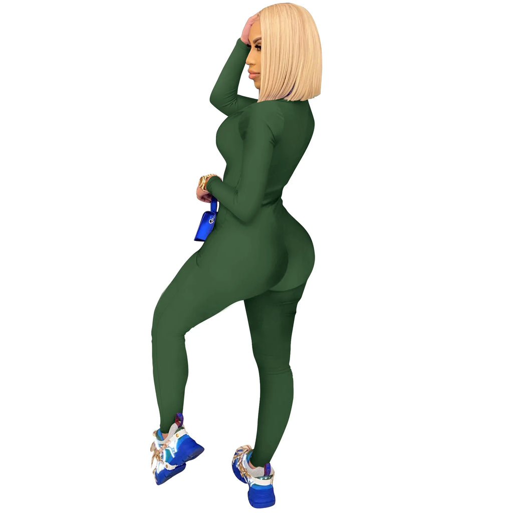 Women's Bodycon One-Piece Jumpsuit with Long Sleeves and Large Front Zipper Casual Sporty Skinny Workout Overalls Top