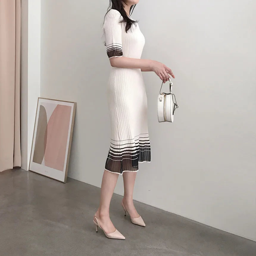 Summer Mesh Patchwork Midi Dress for Women O Neckline