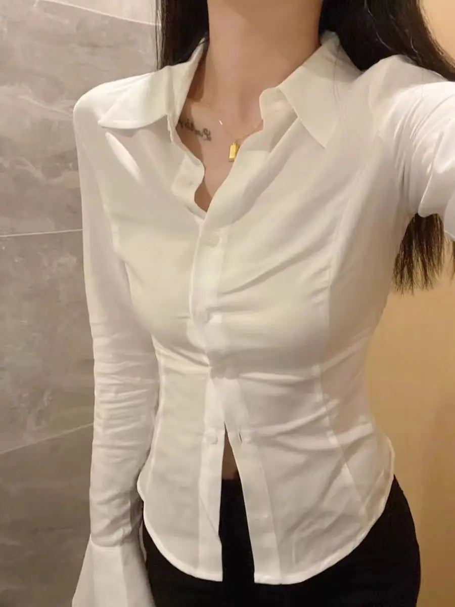Chic White Women's Shirt with Flattering Flared Sleeves Waist-Cinching Tie Elegant French-Inspired Design Sexy and Stylish Blouse for Ladies