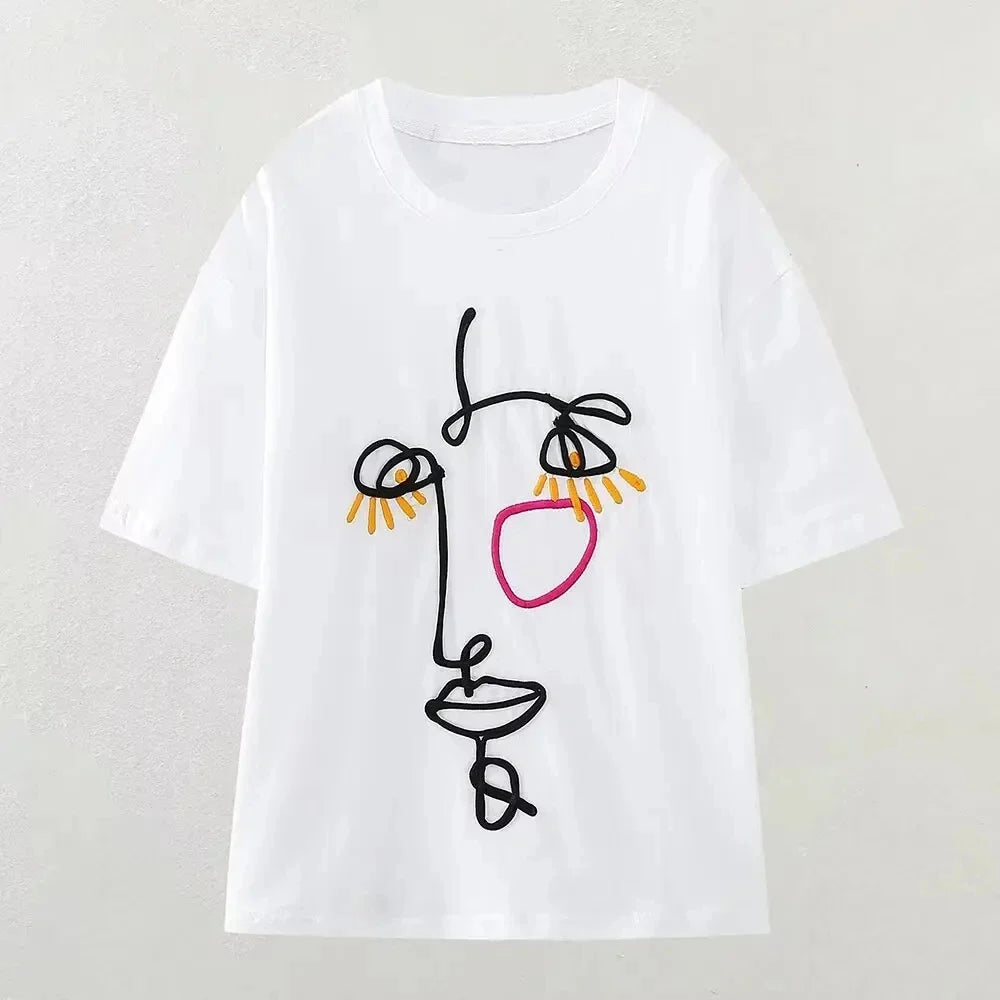 Summer Women's Casual Printed Cotton T-Shirt Comfortable Breathable Short Sleeve Top