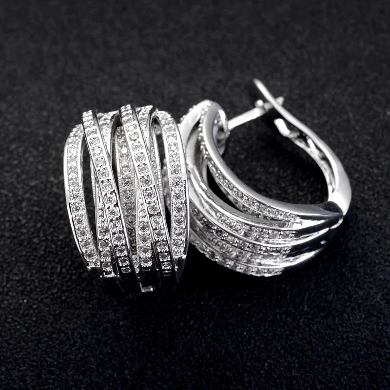 Fashionable Silver Color Cross Hoop Earrings for Women with Full Crystal Cubic Zirconia Statement Jewelry
