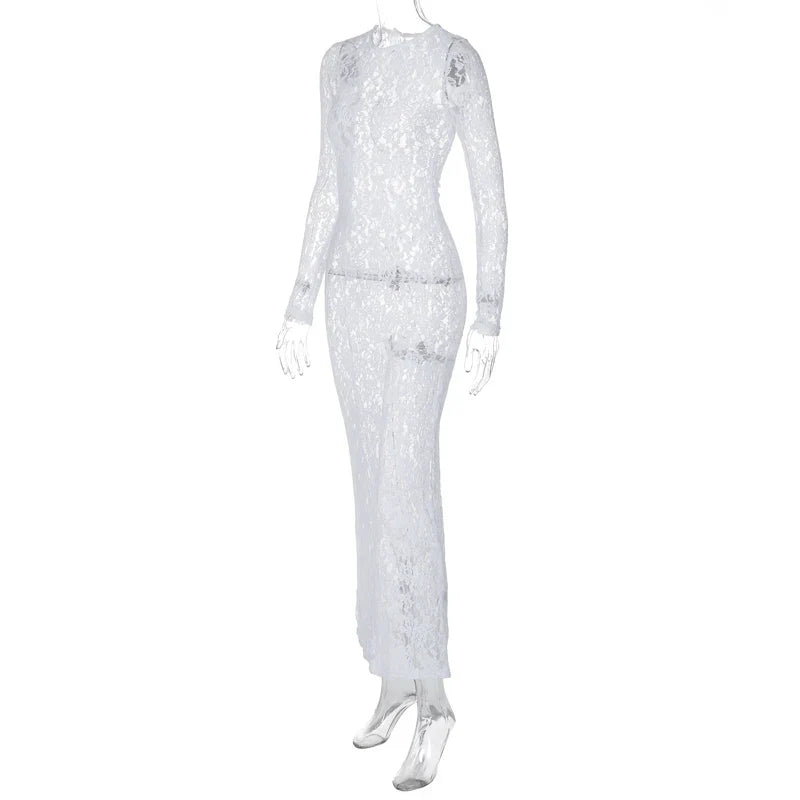 Floral Print Sheer Maxi Dress Long Sleeve Bodycon Evening